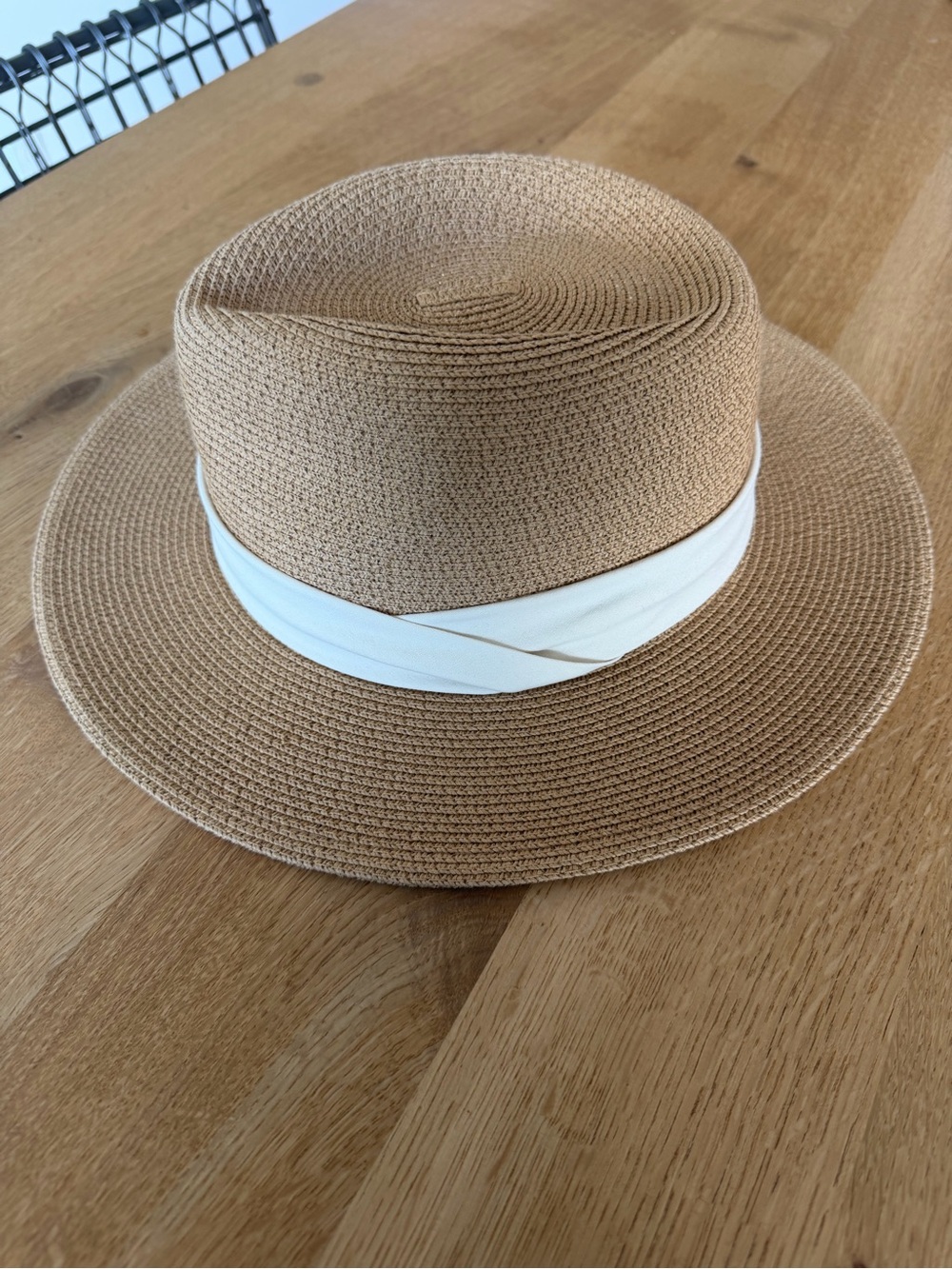 Tan Straw Fedora Hat with White Band